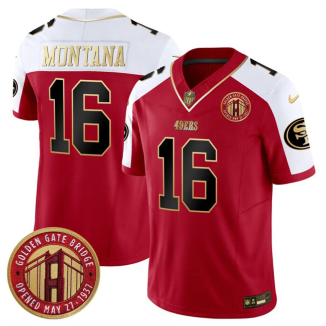 Men's San Francisco 49ers #16 Joe Montana Red/White F.U.S.E. Golden Gate Bridge Patch Alternate Vapor Limited Football Stitched Jersey